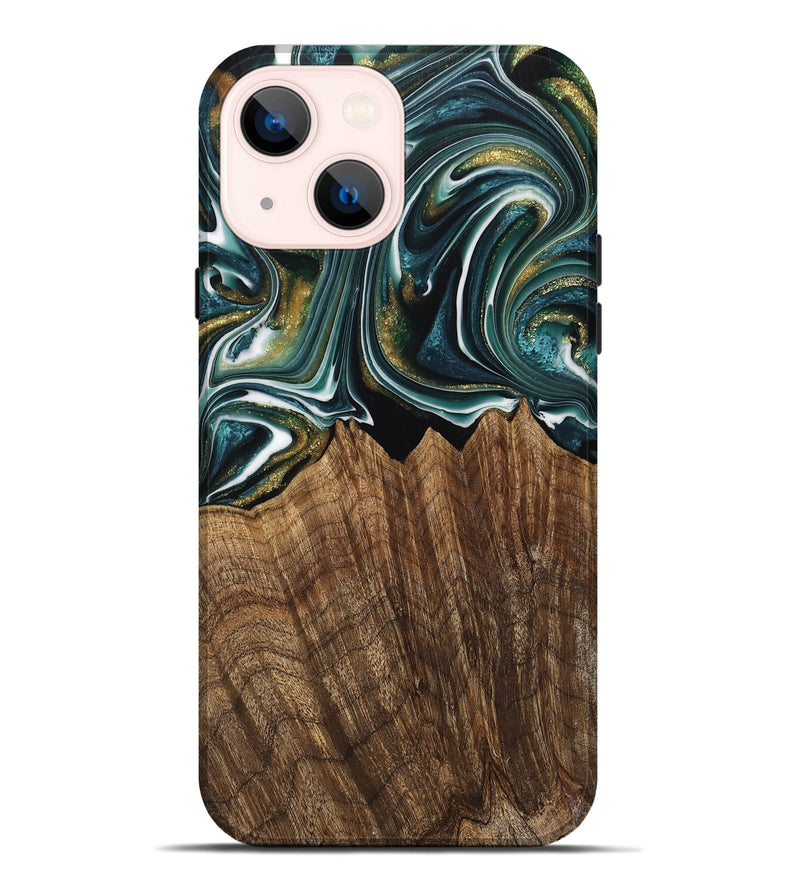 iPhone 14 Plus Wood Live Edge Phone Case - Fabian (Teal & Gold, 740879)