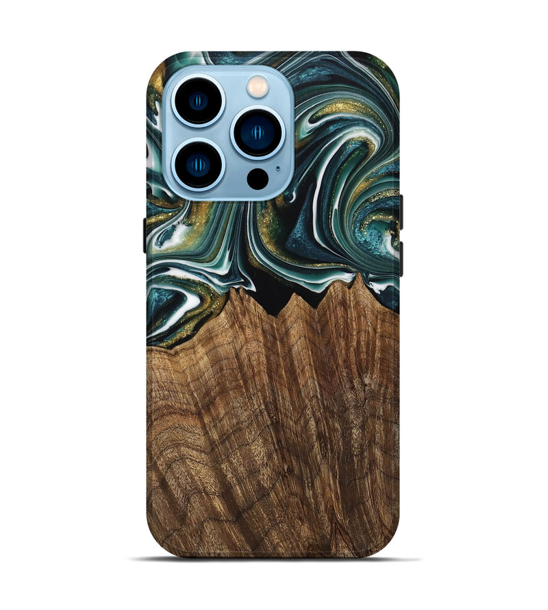 iPhone 14 Pro Wood Live Edge Phone Case - Fabian (Teal & Gold, 740879)