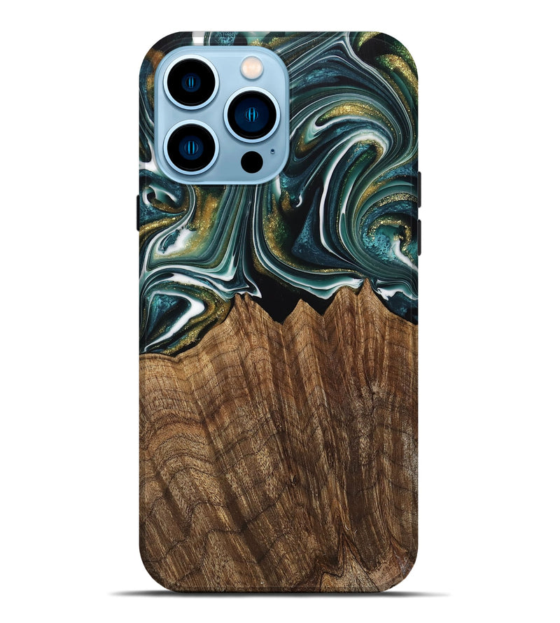 iPhone 14 Pro Max Wood Live Edge Phone Case - Fabian (Teal & Gold, 740879)