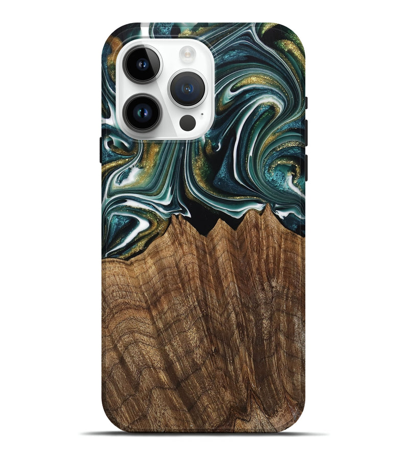 iPhone 15 Pro Max Wood Live Edge Phone Case - Fabian (Teal & Gold, 740879)