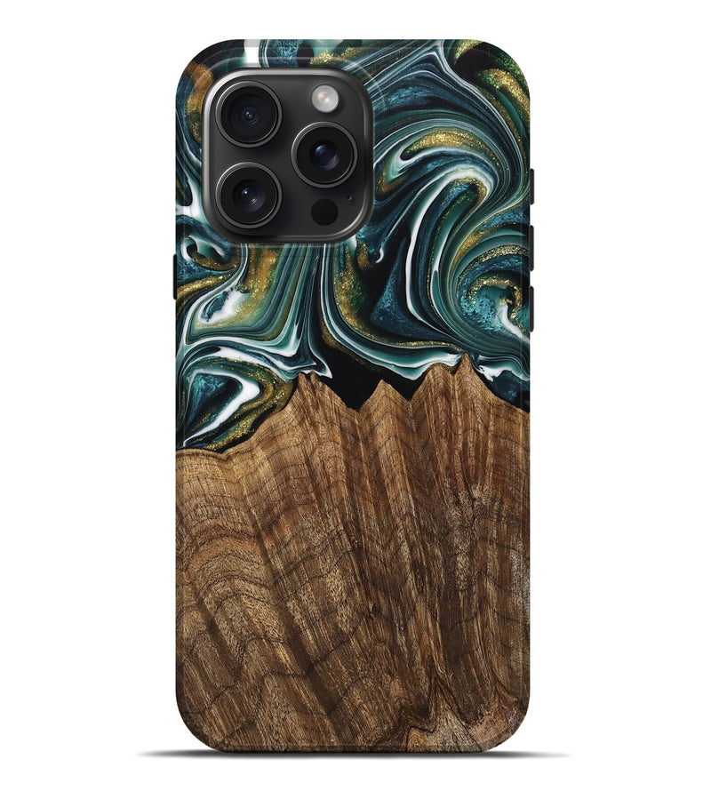 iPhone 16 Pro Max Wood Live Edge Phone Case - Fabian (Teal & Gold, 740879)