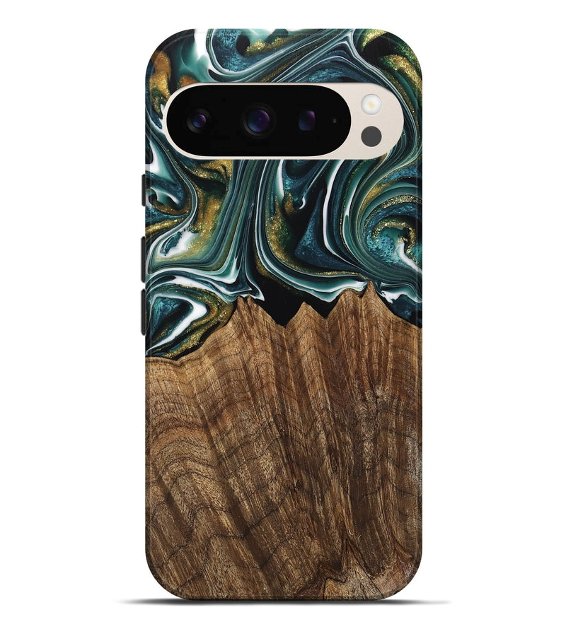 Pixel 9 Pro XL Wood Live Edge Phone Case - Fabian (Teal & Gold, 740879)