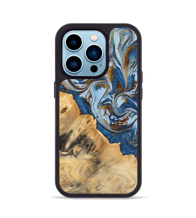 iPhone 14 Pro Wood Phone Case - Leif (Teal & Gold, 741034)