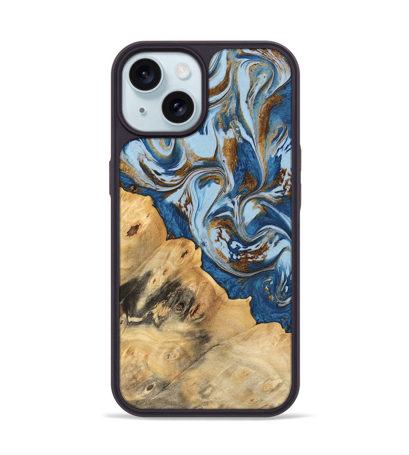 iPhone 15 Wood Phone Case - Leif (Teal & Gold, 741034)