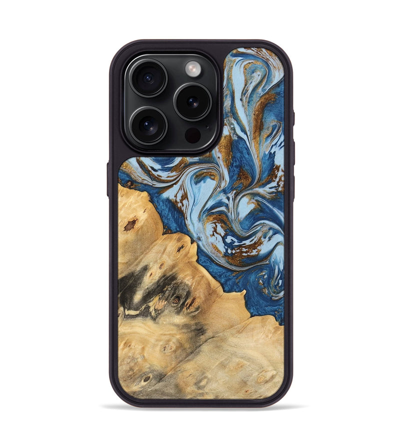 iPhone 15 Pro Wood Phone Case - Leif (Teal & Gold, 741034)