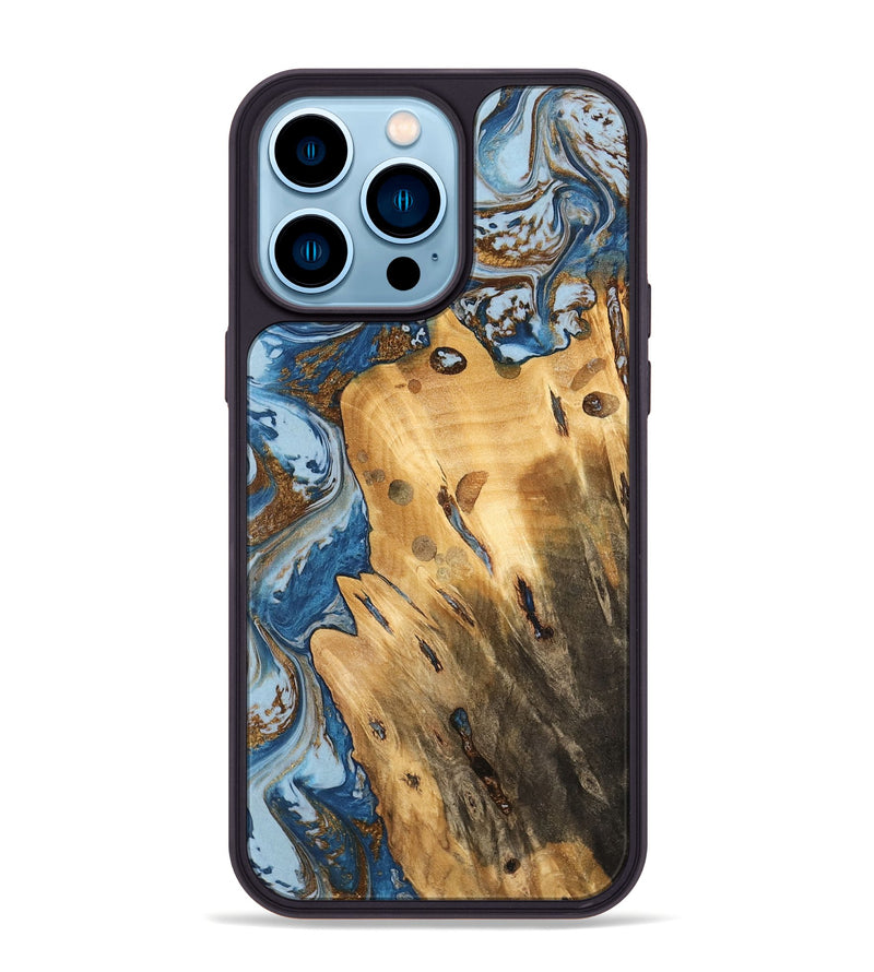 iPhone 14 Pro Max Wood Phone Case - Barbee (Teal & Gold, 741152)