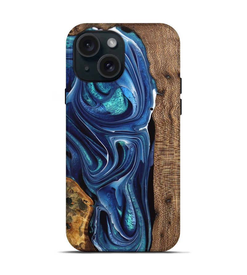 iPhone 15 Wood Live Edge Phone Case - Maralyn (Blue, 741324)