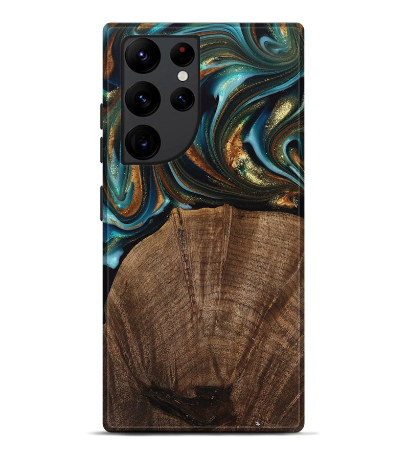 Galaxy S22 Ultra Wood Live Edge Phone Case - Bell (Teal & Gold, 741325)