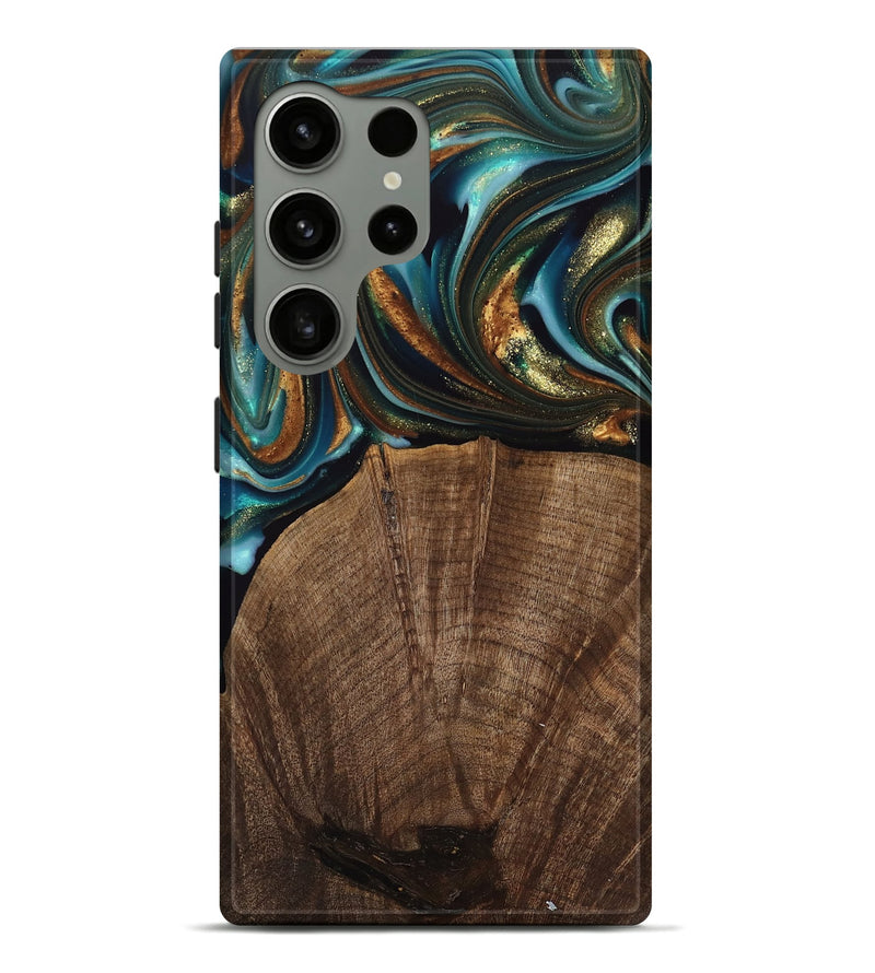 Galaxy S24 Ultra Wood Live Edge Phone Case - Bell (Teal & Gold, 741325)