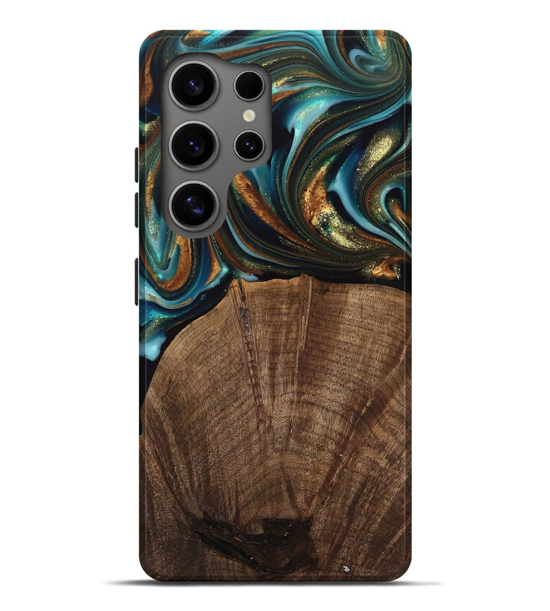 Galaxy S25 Ultra Wood Live Edge Phone Case - Bell (Teal & Gold, 741325)