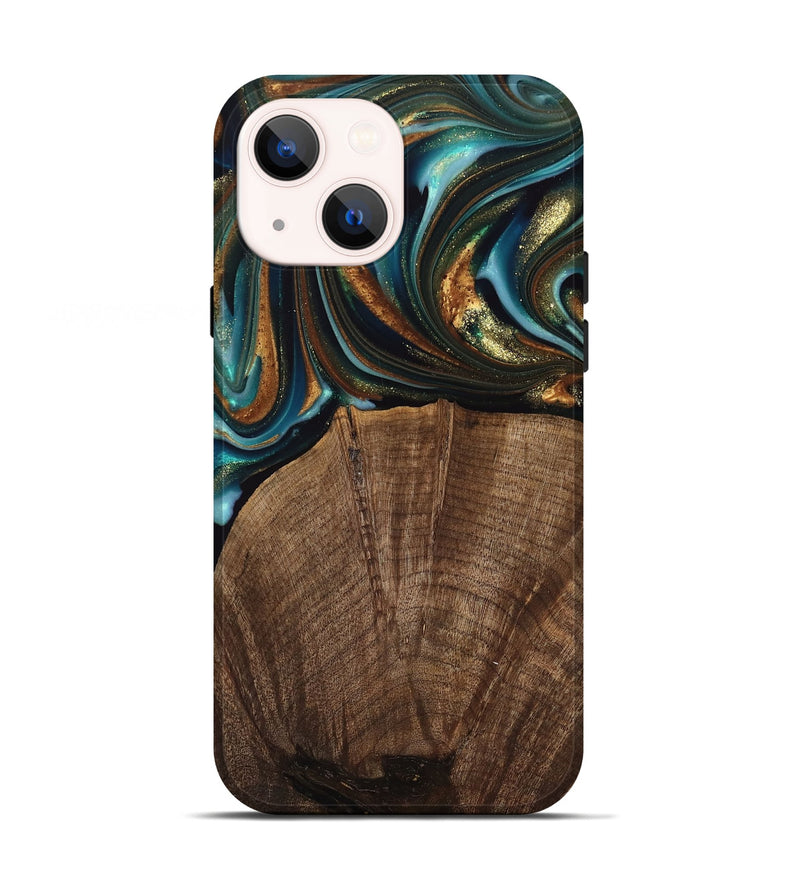 iPhone 13 Wood Live Edge Phone Case - Bell (Teal & Gold, 741325)