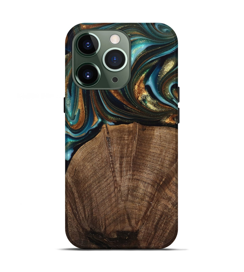 iPhone 13 Pro Wood Live Edge Phone Case - Bell (Teal & Gold, 741325)