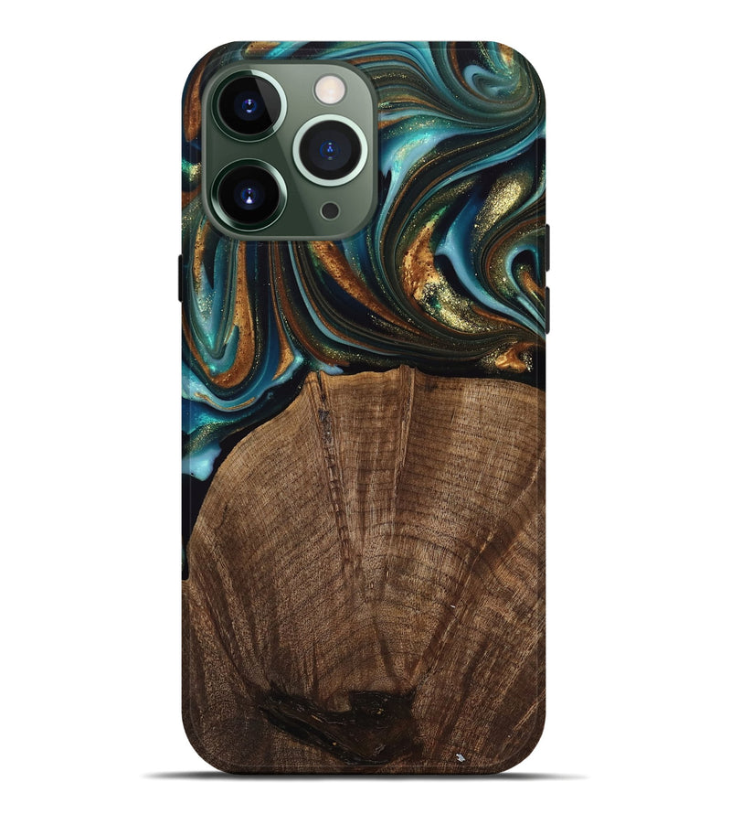 iPhone 13 Pro Max Wood Live Edge Phone Case - Bell (Teal & Gold, 741325)