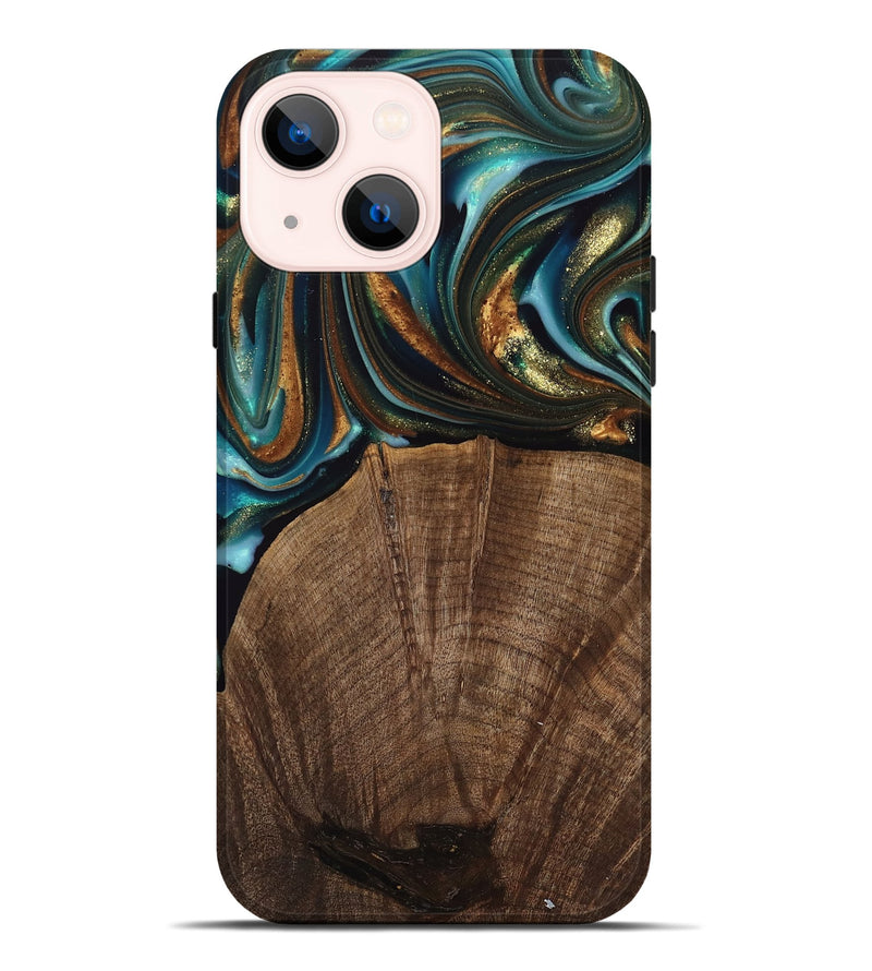 iPhone 14 Plus Wood Live Edge Phone Case - Bell (Teal & Gold, 741325)