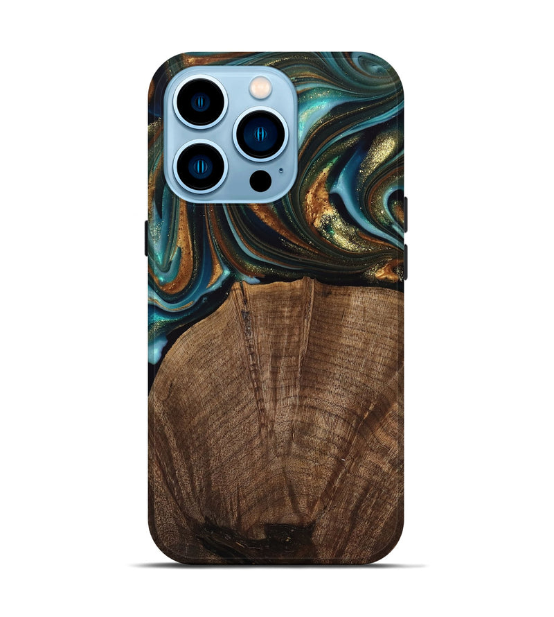 iPhone 14 Pro Wood Live Edge Phone Case - Bell (Teal & Gold, 741325)