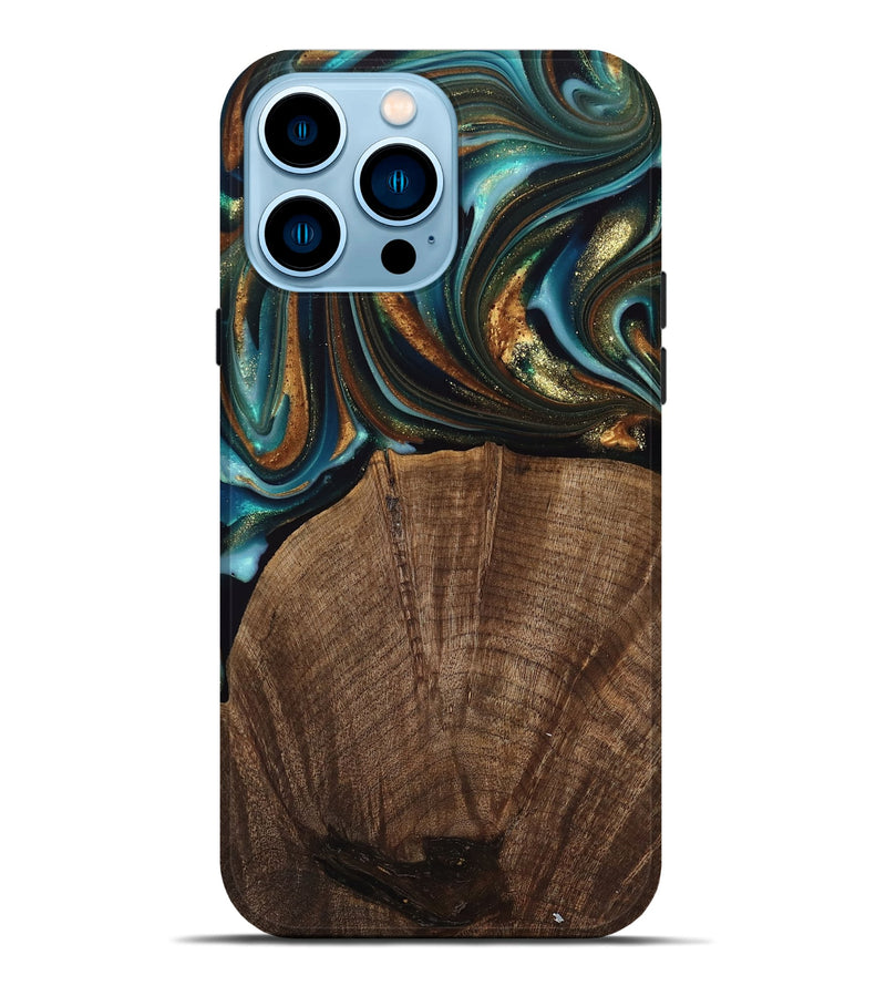 iPhone 14 Pro Max Wood Live Edge Phone Case - Bell (Teal & Gold, 741325)