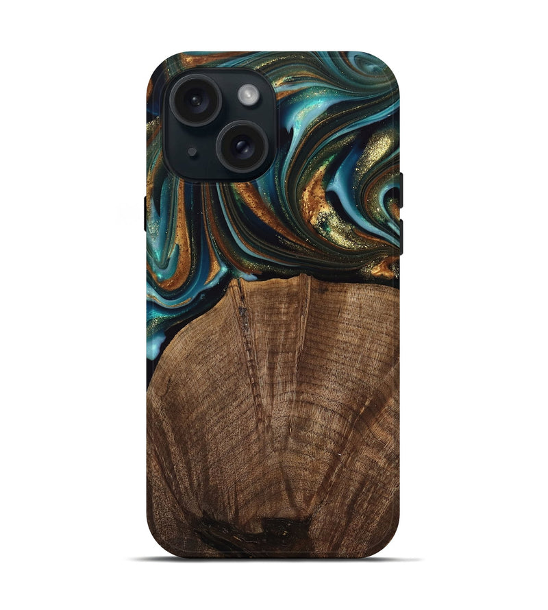 iPhone 15 Wood Live Edge Phone Case - Bell (Teal & Gold, 741325)