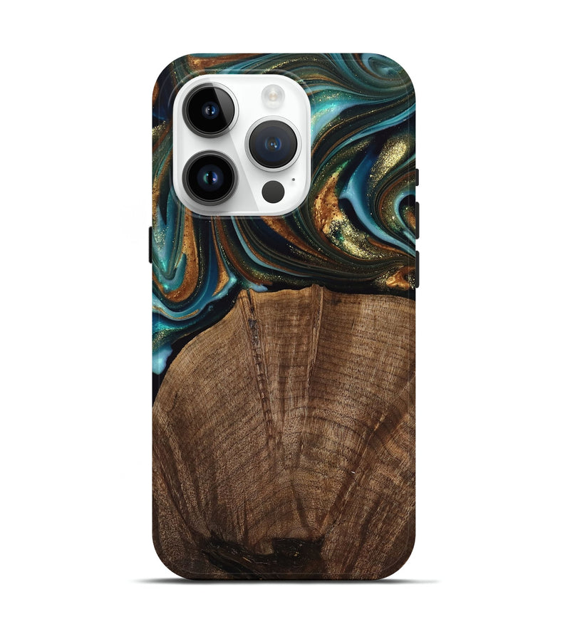 iPhone 15 Pro Wood Live Edge Phone Case - Bell (Teal & Gold, 741325)