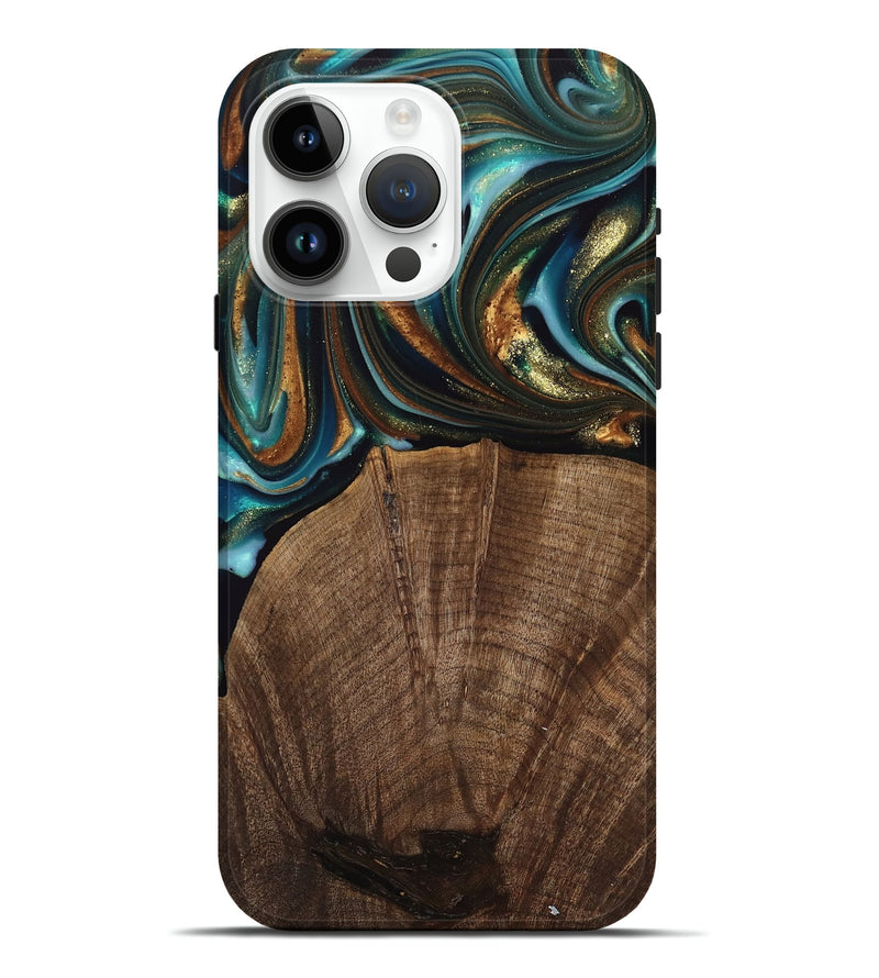 iPhone 15 Pro Max Wood Live Edge Phone Case - Bell (Teal & Gold, 741325)