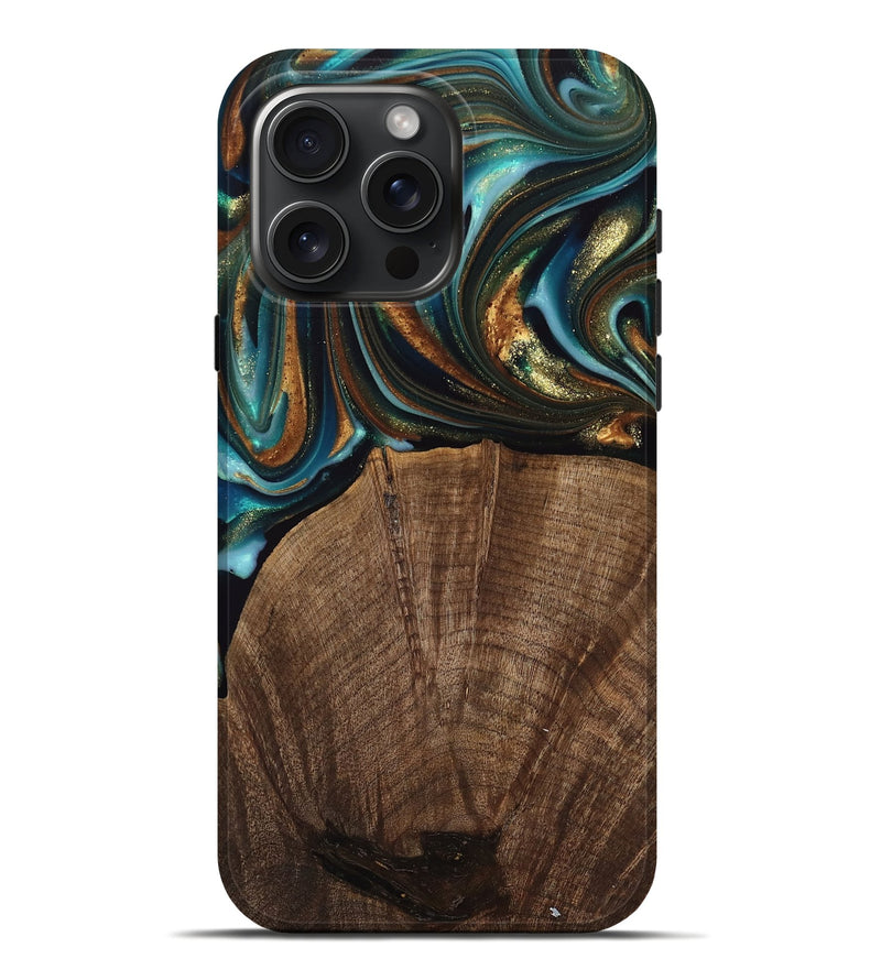 iPhone 16 Pro Max Wood Live Edge Phone Case - Bell (Teal & Gold, 741325)