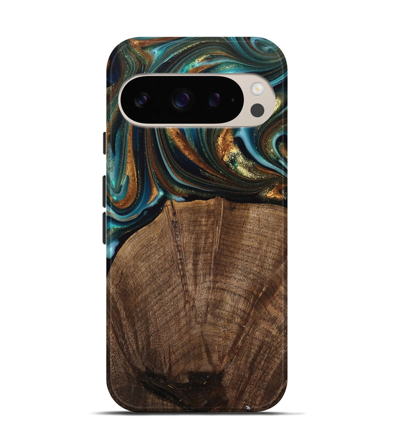 Pixel 9 Wood Live Edge Phone Case - Bell (Teal & Gold, 741325)