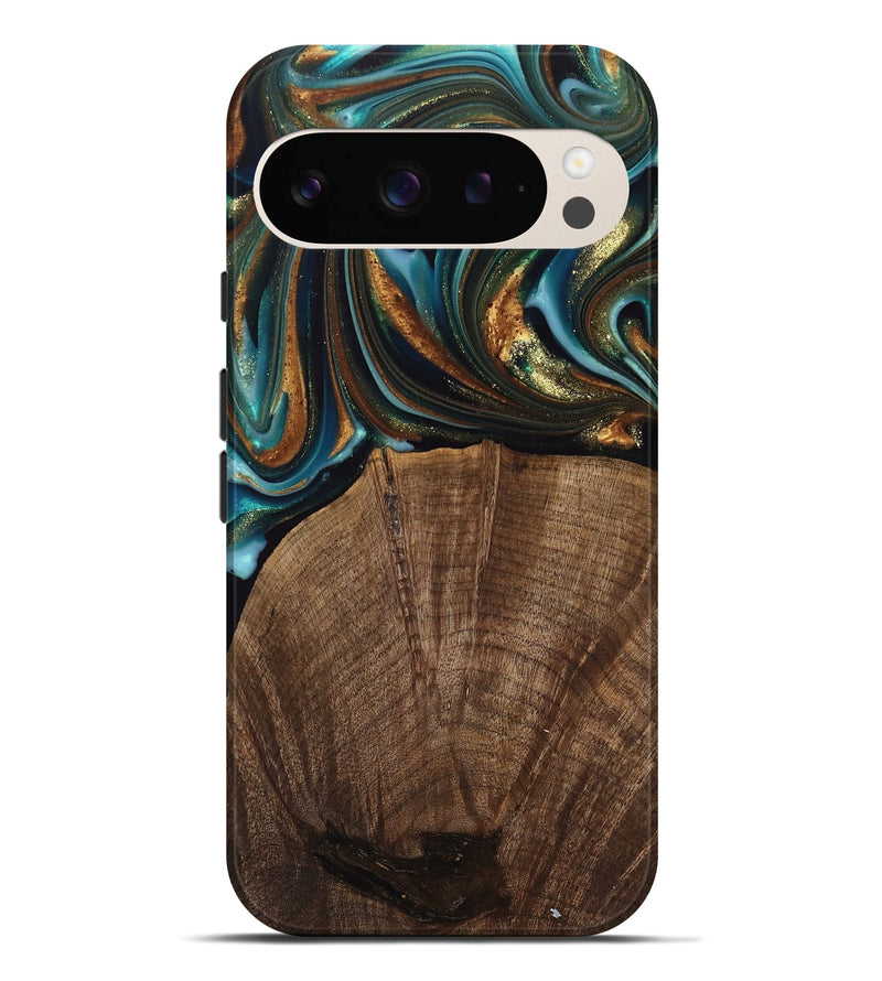 Pixel 9 Pro XL Wood Live Edge Phone Case - Bell (Teal & Gold, 741325)