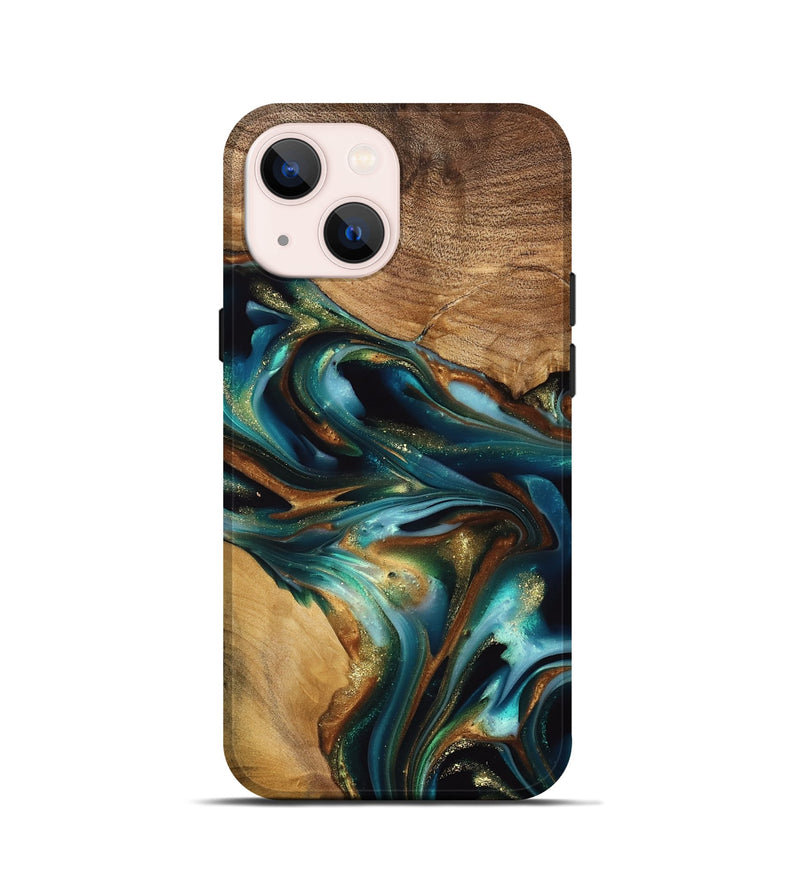 iPhone 13 mini Wood Live Edge Phone Case - Amye (Teal & Gold, 741339)