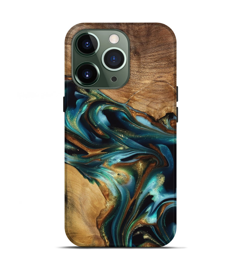 iPhone 13 Pro Wood Live Edge Phone Case - Amye (Teal & Gold, 741339)