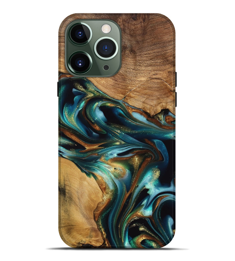 iPhone 13 Pro Max Wood Live Edge Phone Case - Amye (Teal & Gold, 741339)