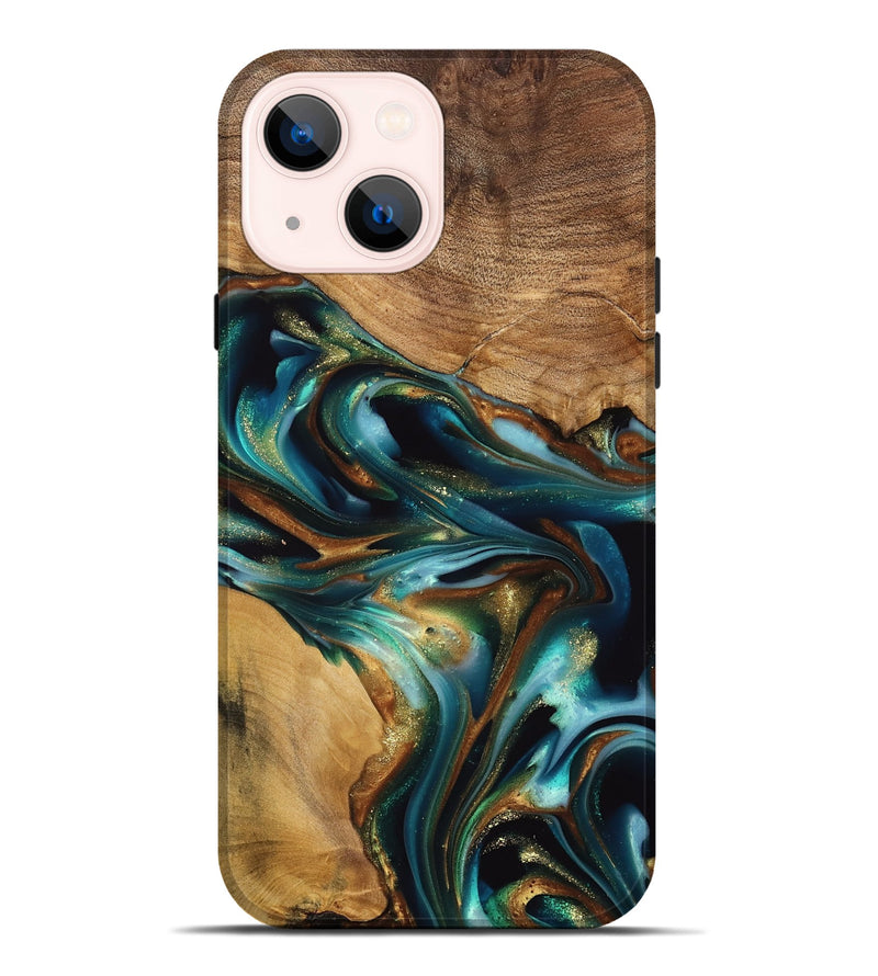 iPhone 14 Plus Wood Live Edge Phone Case - Amye (Teal & Gold, 741339)