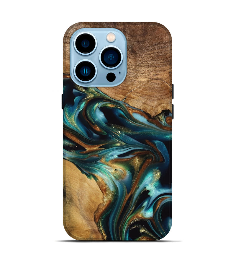 iPhone 14 Pro Wood Live Edge Phone Case - Amye (Teal & Gold, 741339)