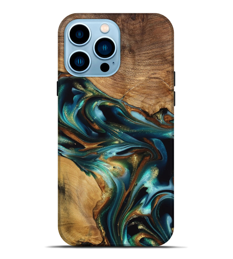 iPhone 14 Pro Max Wood Live Edge Phone Case - Amye (Teal & Gold, 741339)