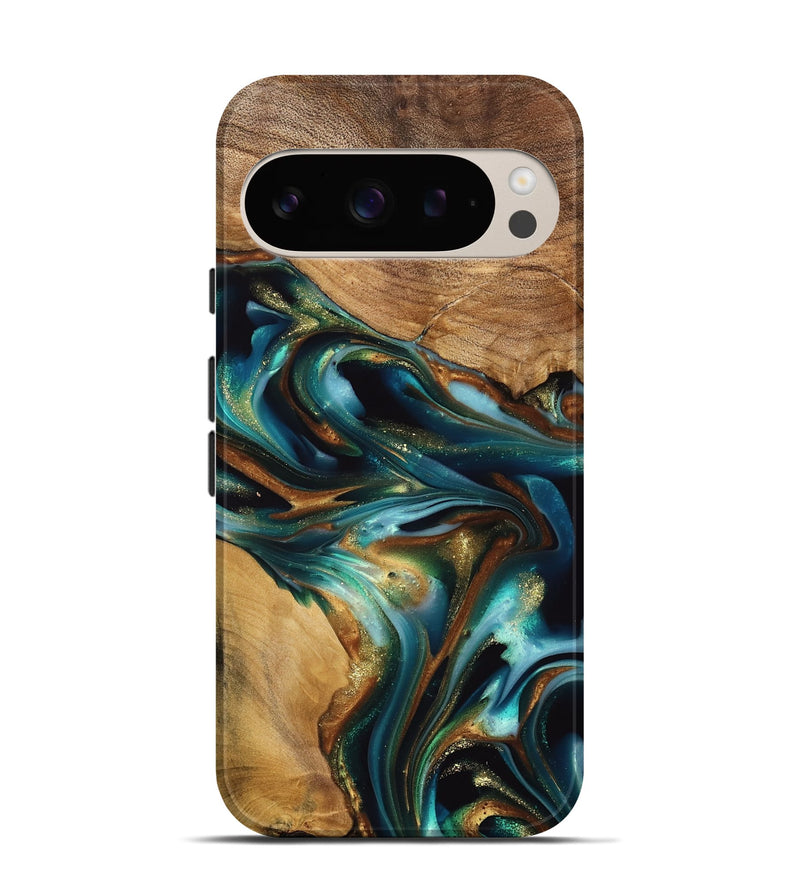 Pixel 9 Pro Wood Live Edge Phone Case - Amye (Teal & Gold, 741339)