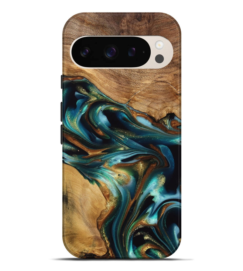 Pixel 9 Pro XL Wood Live Edge Phone Case - Amye (Teal & Gold, 741339)