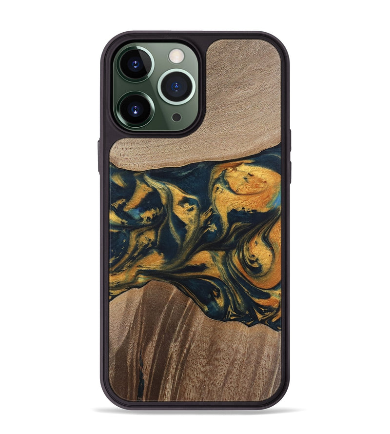 iPhone 13 Pro Max Wood Phone Case - Yancy (Teal & Gold, 741359)