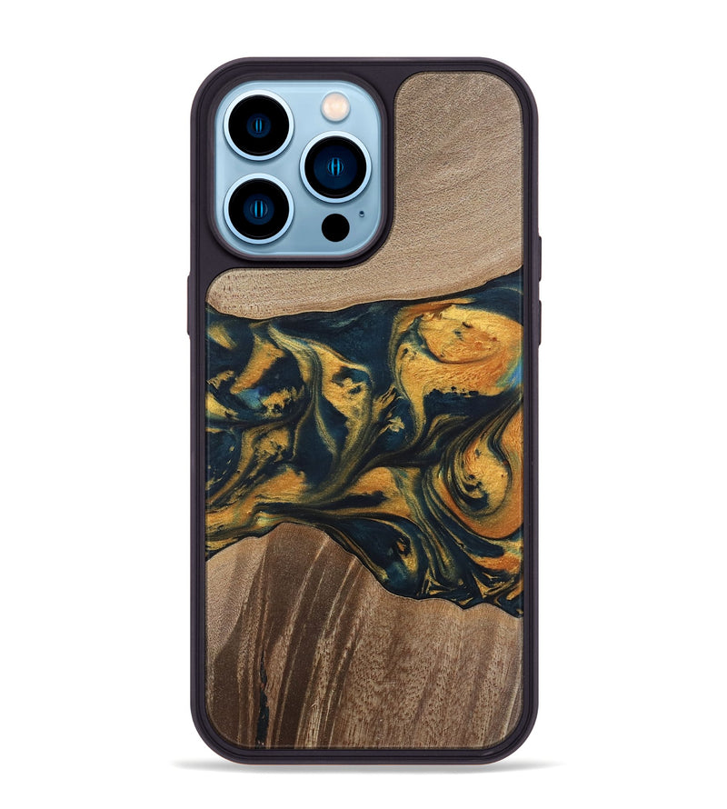 iPhone 14 Pro Max Wood Phone Case - Yancy (Teal & Gold, 741359)