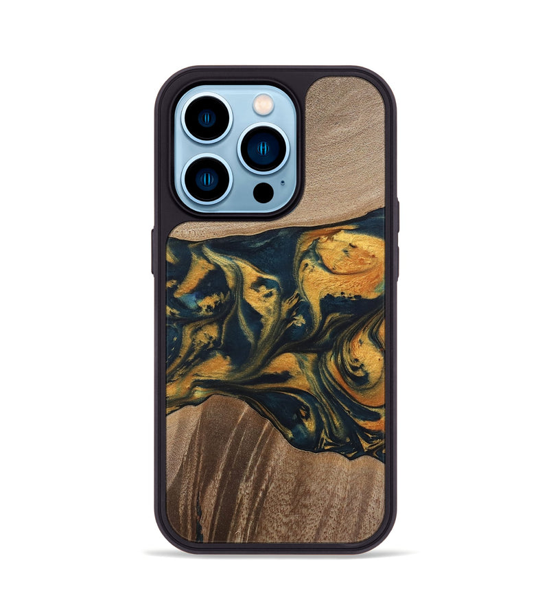 iPhone 14 Pro Wood Phone Case - Yancy (Teal & Gold, 741359)