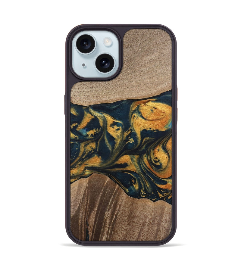 iPhone 15 Wood Phone Case - Yancy (Teal & Gold, 741359)