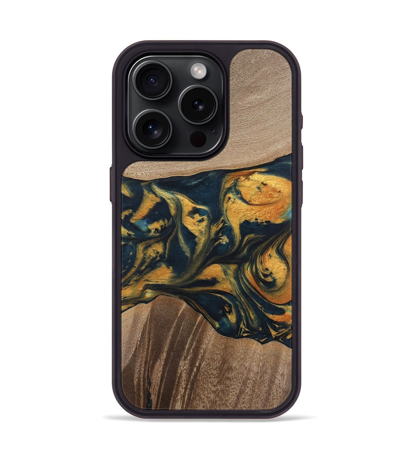 iPhone 15 Pro Wood Phone Case - Yancy (Teal & Gold, 741359)