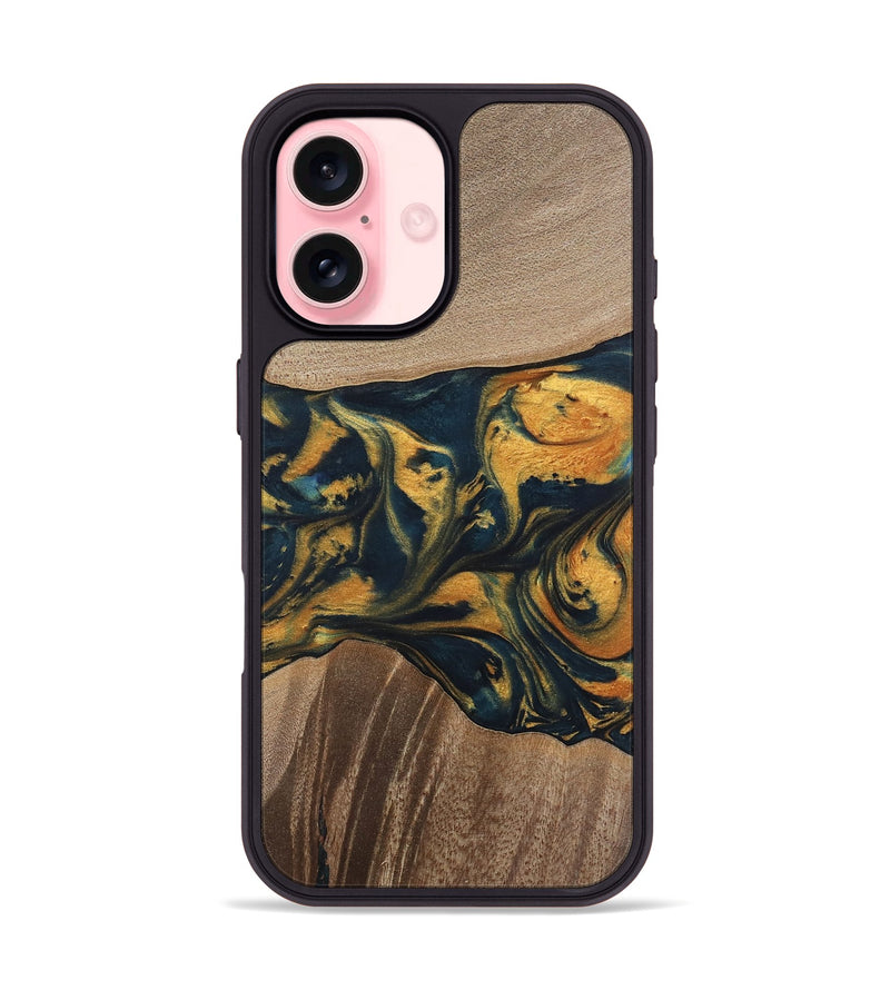 iPhone 16 Wood Phone Case - Yancy (Teal & Gold, 741359)