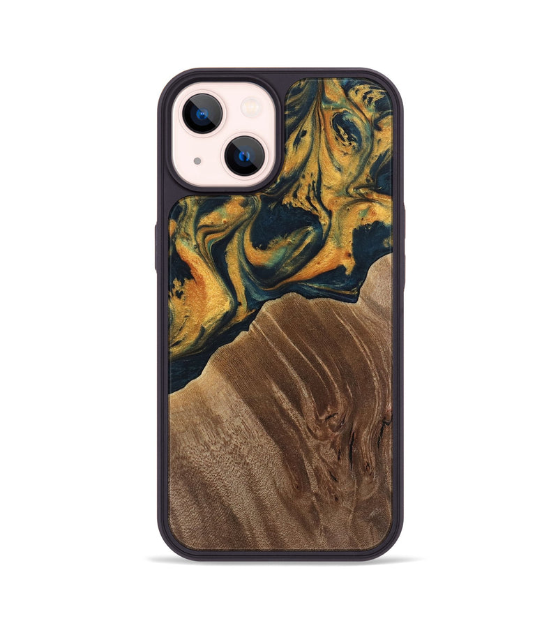 iPhone 14 Wood Phone Case - Emely (Teal & Gold, 741365)