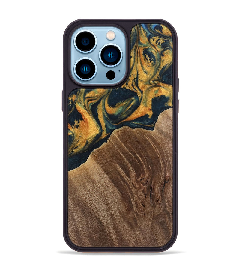 iPhone 14 Pro Max Wood Phone Case - Emely (Teal & Gold, 741365)