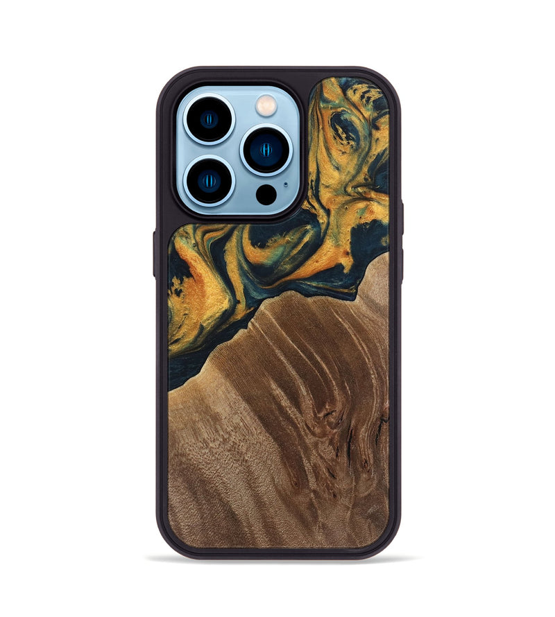 iPhone 14 Pro Wood Phone Case - Emely (Teal & Gold, 741365)