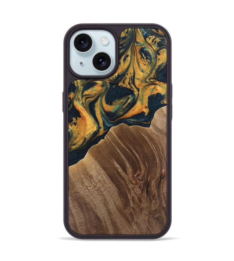 iPhone 15 Wood Phone Case - Emely (Teal & Gold, 741365)