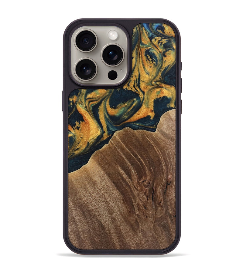 iPhone 15 Pro Max Wood Phone Case - Emely (Teal & Gold, 741365)