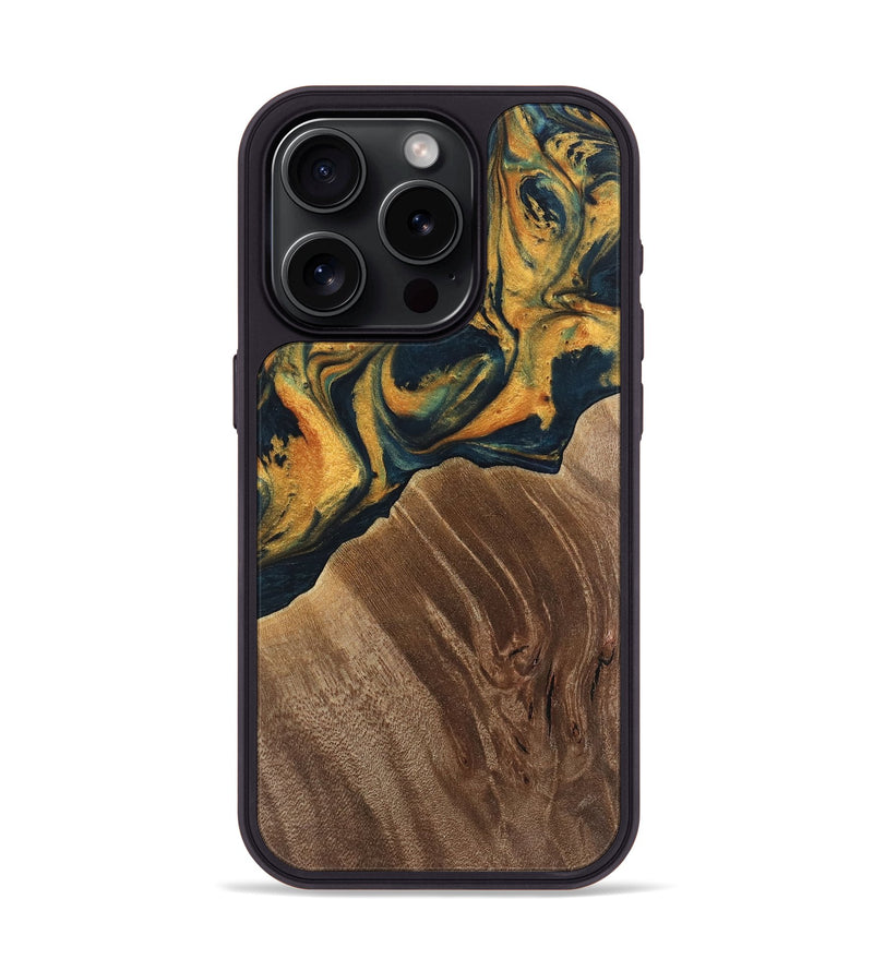 iPhone 15 Pro Wood Phone Case - Emely (Teal & Gold, 741365)