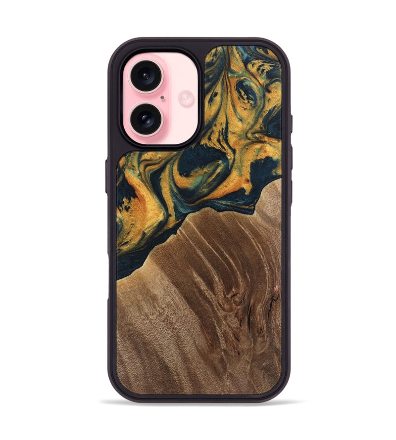 iPhone 16 Wood Phone Case - Emely (Teal & Gold, 741365)