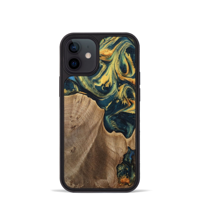 iPhone 12 mini Wood Phone Case - Sonya (Teal & Gold, 741484)