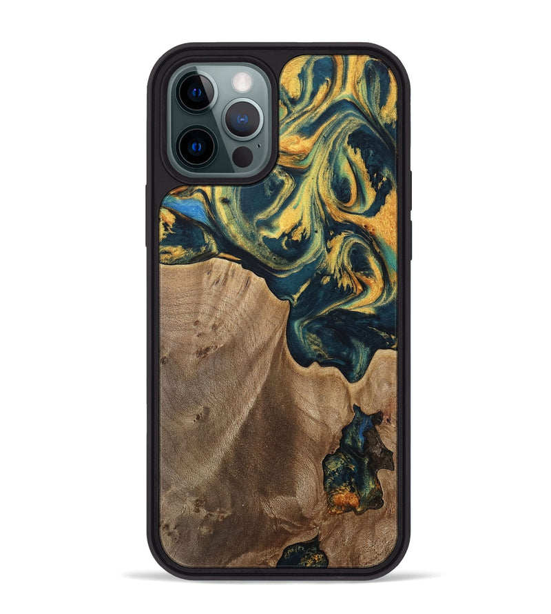 iPhone 12 Pro Max Wood Phone Case - Sonya (Teal & Gold, 741484)