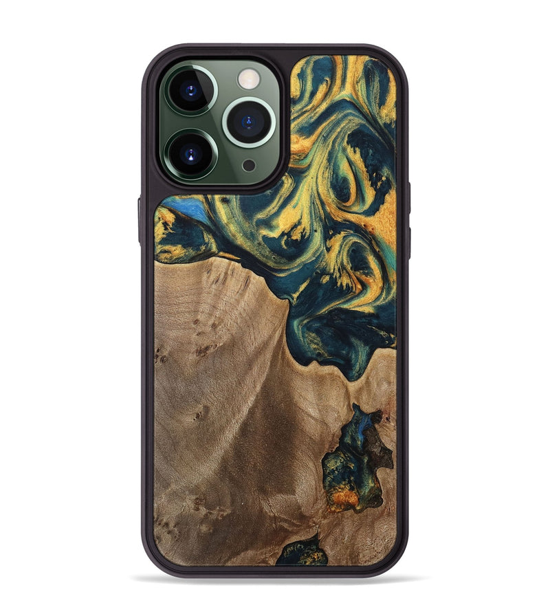 iPhone 13 Pro Max Wood Phone Case - Sonya (Teal & Gold, 741484)